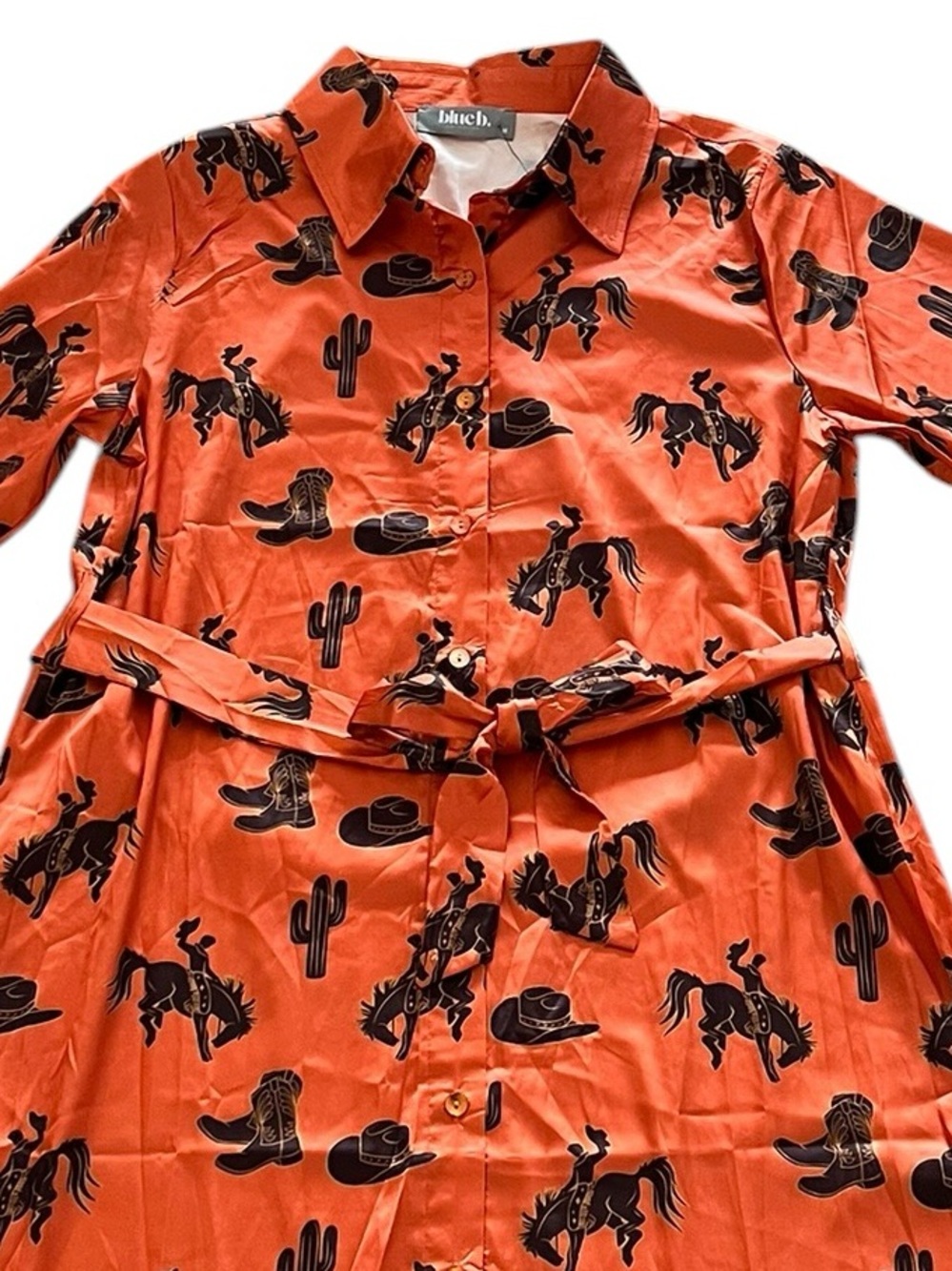 NEW blue b Orange & Brown Equestrian Western Print Button Down Midi Shirt Dress - Picture 4 of 5